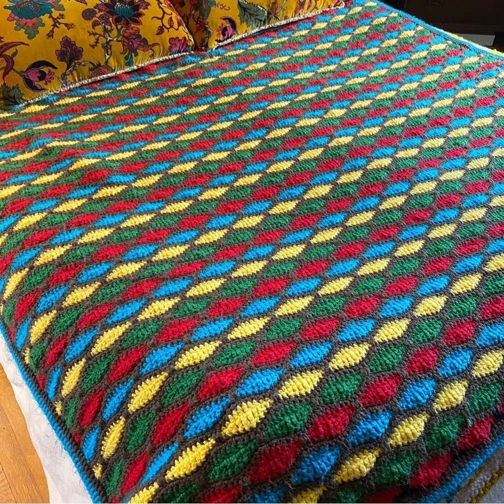 Vintage 50s Handmade Atomic MCM Grid Afghan Throw Blanket